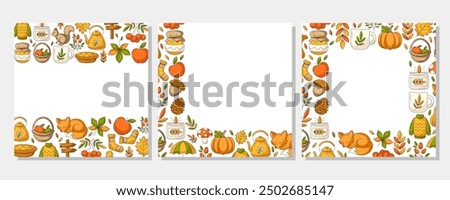 Vector autumn square poster set with various frame, upper, bottom, corner. Space for text, isolated white background. Fall seasonal cozy elements. For card, banner, invitation, social media, festival