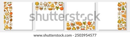 Vector autumn square posters set with various frame, upper, bottom, left, right side. Space for text, isolated background. Colorful fall seasonal cozy elements. For card, banner, invitation, festival