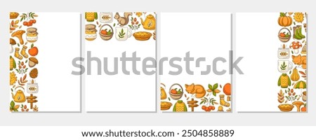 Autumn vertical a4 poster set, space for text. Colorful left, right side, upper, bottom frame, fall seasonal cozy elements. For card, banner, invitation, festival or planner. Isolated white background