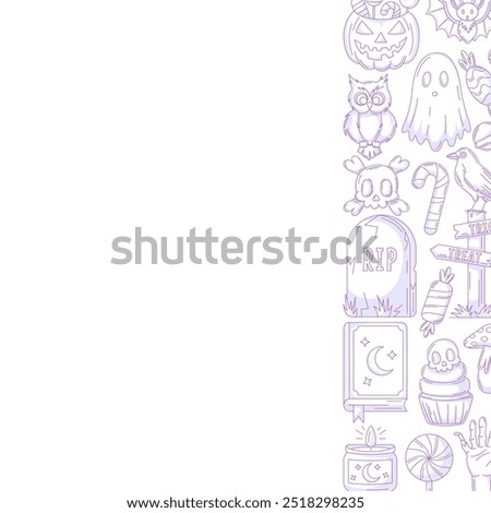 Halloween minimalist vector square poster, space for text. Right side frame with spooky, scary purple icons from pumpkin, ghost, spell book. For card, banner, invitation, social media, party or note