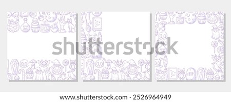 Set of vector halloween square posters, space for text. Purple upper, bottom, corner border frame with spooky and scary elements. For postcard, banner, invitation, social media, party or planner.