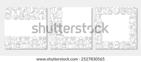 Set of vector halloween square posters, space for text. Monochrome upper, bottom, corner border frame with spooky and scary elements. For postcard, banner, invitation, social media, party or planner.