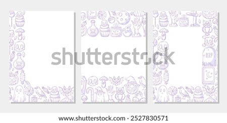 Set of vector halloween vertical a4 poster, space for text. Purple upper, bottom, corner border frame with spooky and scary elements. For card, banner, invitation, social media, party or planner.