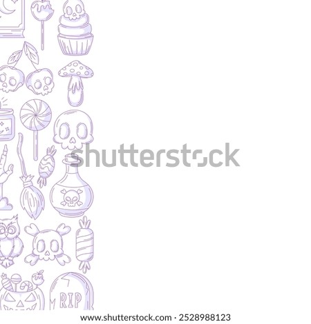 Halloween minimalist vector square poster, space for text. Left side frame with spooky, scary purple icons from pumpkin, skull, bones, broom. For card, banner, invitation, social media, party or note