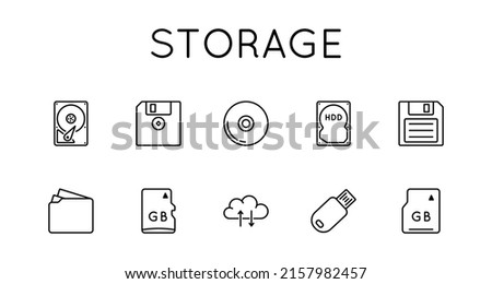 Storage Icon Set. Data, Media, Media Content Memory Card, Hard Drive, Flash Card, Cloud Storage, Folder, SD.