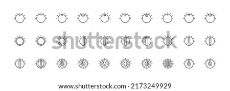 Set of Vector Icons on Theme Adjustment, Mode Selection, Control, Switching, Change. Presented Balance, Power, Minimum, Maximum, Left, Right Power Mode Control Panel