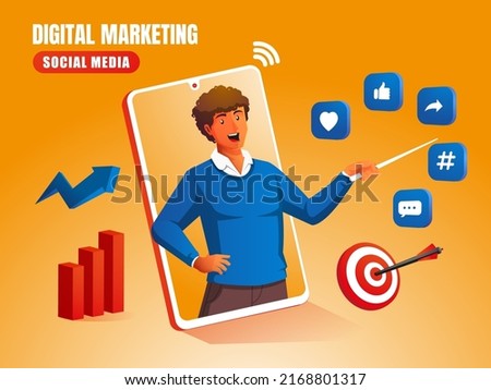 a man explains about digital marketing social media with social media logos and graphic diagrams Foto stock © 