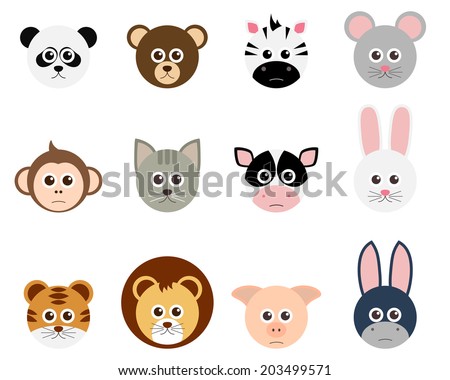 Phlegmatic emotion face of animal icon set vector
