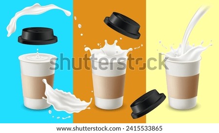 Paper cup with paper sleeve filled with milk splash liquid and background color, blue, orange