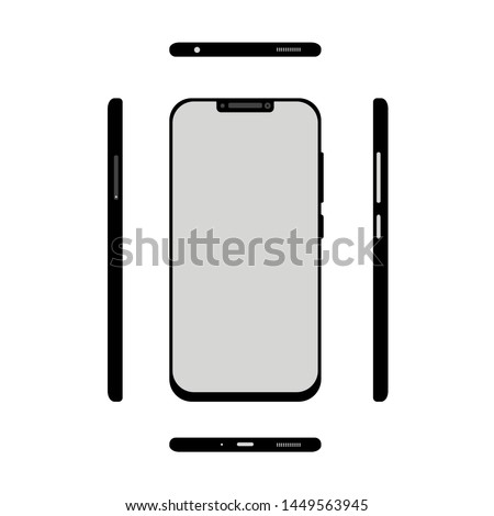 Android smart phone illustration showing all the angles of view. Notch display. Large display. Stereo speakers. 3.5 mm audio jack. USB type C fast charging port. Sim tray. Volume rocker power button.