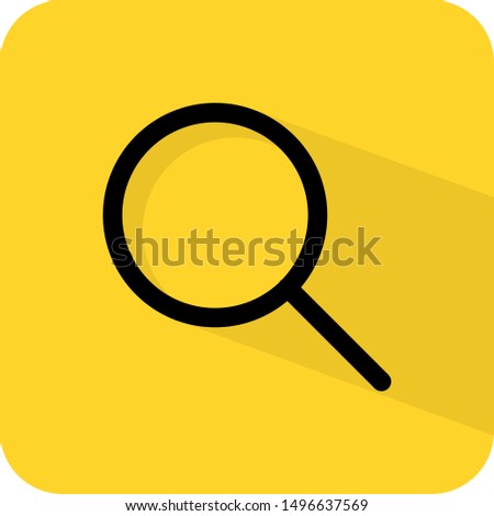 Search icon. Zoom sign. Flat 3D shadow design. yellow background black vector. product brand service label banner board display. App website widget or tile.