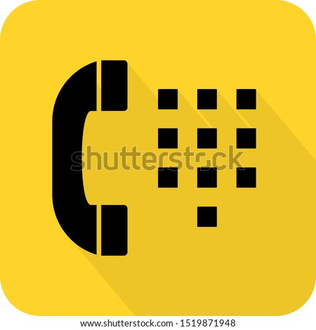 Payphone sign. Dial phone logo. Contact call pay street mobile. Flat 3D shadow design. yellow background black vector. product brand service label banner board display. App icon.