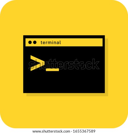 Terminal sign. Command panel. Linux kernel. Programming coding. Notepad. Flat 3D shadow design. yellow background black vector. product brand service label banner board display. App icon.