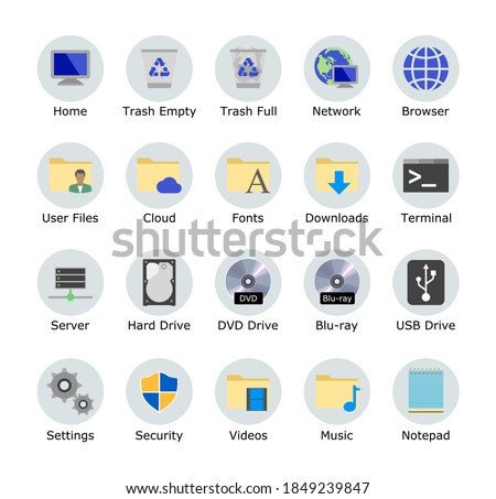 Desktop icons pack. Computer icon. Theme flavors. Open source Linux. PC laptop or tablet customize. Folder internet browser local network recycle bin trash text editor terminal USB optical hard drive.