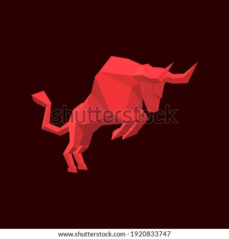 Charging bull sign. Red cattle vector. Horns pointing jumping animal icon. Gradient mesh flat color illustration.