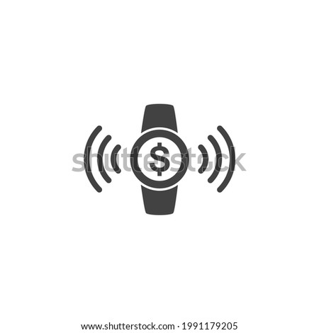 Pay via watch sign. Smartwatch NFC payment. Wearable contactless purchases method. Online money transfer. Digital transaction. Black and white color vector illustration. App interface icon.