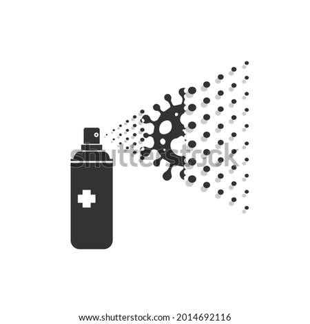 Sanitizer disinfectant virus illustration. Vital disintegrate spray. Breaking down to particles. Germ destroy liquid. Alcohol destroying viruses. Black and white color vector sign. Display poster icon