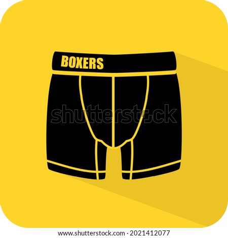 Boxers. Mens underwear sign. Briefs, drawers, shorts, trunks, underpants, undershorts. Gent's apparel icon. Black and yellow color vector illustration.