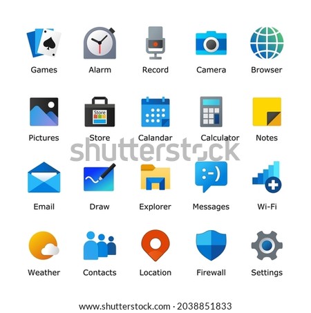 Computer desktop icon pack. Theme customization element. New eleven icons. Tablet user interface. Home, games, alarm, clock, app store, contacts, browser, explorer, pictures, weather, settings.