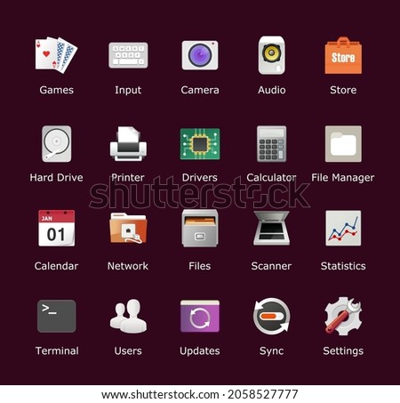 Desktop icon pack. Computer folder icons. Linux inspired theme. UI customization element. Vector illustration.