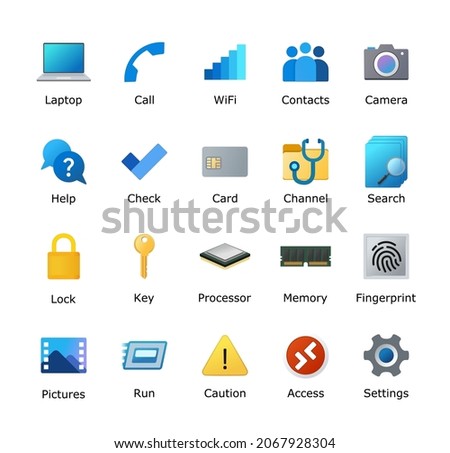 Computer desktop icon pack. Theme customization element. New eleven icons. Laptop, Home, dial, call, phone, network, WiFi, contacts, help, folder, pictures, hardware, lock, key, run, settings app.