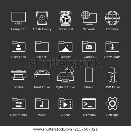 Desktop icon pack. Dark theme line icons. Computer folder shortcut signs. Mobile smartphone customization element. My documents. New window eleven theme vector illustration.