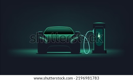 Electric car charging. Dark background. Electronic vehicle power dock. EV Plugin station. Fuel recharge cells. Green color vector illustration.