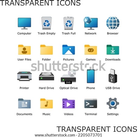 Transparent desktop icon pack. My computer folder theme. Linux customization icons. PC shortcut signs. System software and devices. New eleven inspired vector illustrations. No background PNG.