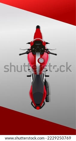 Motorbike top view. Motorcycle up scene. Motor bike flyer. Cycle parked garage aerial scenario. Vector illustration. 