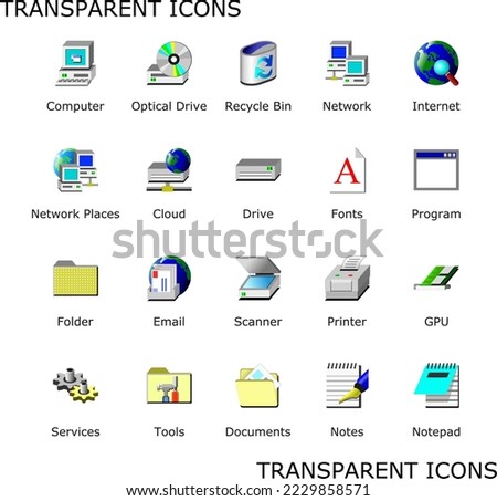 Old computer transparent icons pack. Desktop 98 icon set. Redesigned older looking folder shortcuts. No background PNG. Vector signs.