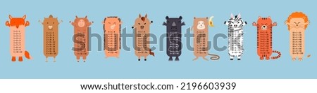Multiplication table with square animals. Printed bookmarks or stickers with cute kawaii animals.