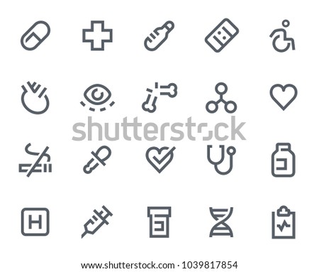 This icon set in bold outline style contains icons like No Smoking, Broken Bone and Hospital. These vector icons will look great in any user interface design. Pixel perfect at 64x64.