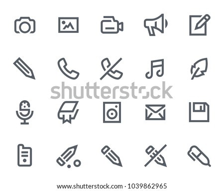 Media and Communication icons in bold outline style contains icons like Camera, Writing and Megaphone. These vector icons will look great in any user interface design. Pixel perfect at 64x64.