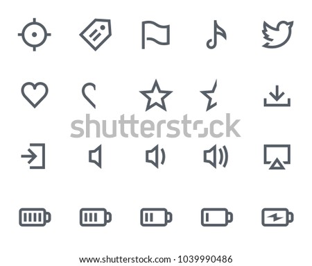 This icon set in bold outline style contains icons like Flag, Screenshot and Charge Battery. These vector icons will look great in any user interface design. Pixel perfect at 64x64.
