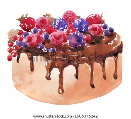 Watercolor berry chocolate cake on
 a white background