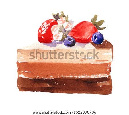 Watercolor illustration of chocolate
 cake with strawberries and blueberries