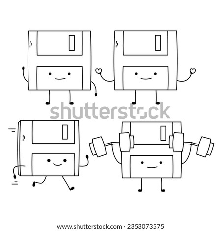 Hand drawn cute floppy disk cartoon character hand waving, spreading love, running, and lifting weight in black and white can be used for coloring