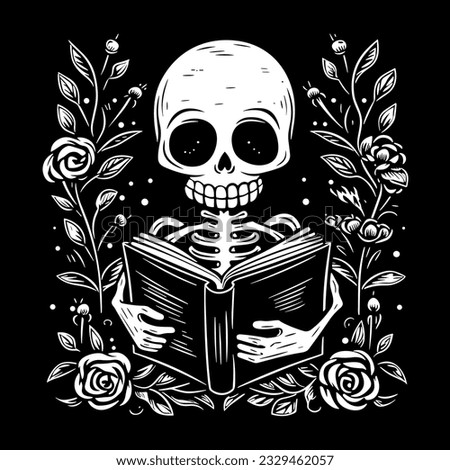 Skeleton reading a book. Black and white skeleton with book and flowers. Floral frame. Gothic book lovers. Minimalist vector illustration.