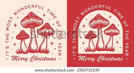 Merry Christmas quotes greeting card design it's the most wonderful time of the year. Magic mushroom forest illustration holiday season red cottagecore witchy aesthetic printable decor cut file.