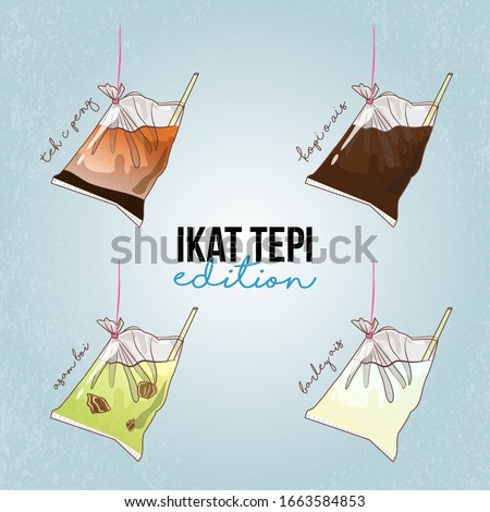 Hand drawn sketch doodle of Ikat Tepi Edition. Malaysian tapau drinks with ikat tepi. Teh C Peng kopi o ais or iced black coffee asam boi and barley ais ice. Malaysian traditional culture and cuisine.