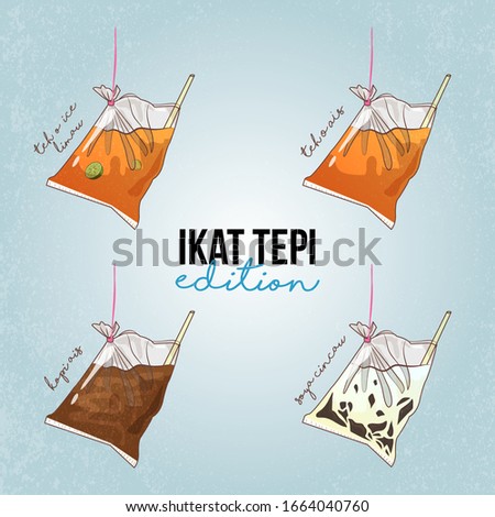 Hand drawn sketch doodle of Ikat Tepi Edition. Malaysian tapau drinks with ikat tepi. Teh O Ais Limau or plain with iced coffee also known as kopi ais and soya with cincau grass jelly. Truly Malaysian
