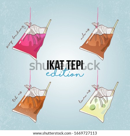 Hand drawn sketch doodle of Ikat Tepi Edition. Malaysian tapau drinks with ikat tepi. Syrup bandung Iced Milo Ais Teh Ais Iced Tea and Limau Ais or Iced Lime juice. Truly Malaysian drinks. 