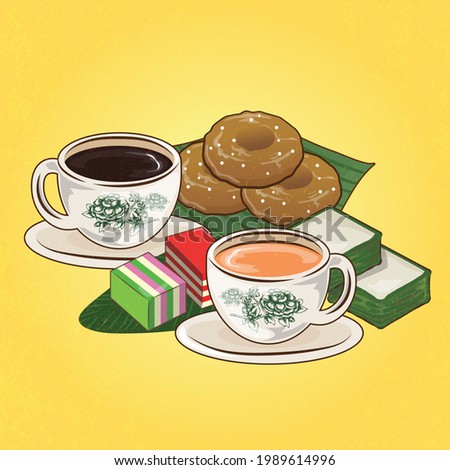 Malaysian Style Tea Time Kopi Coffee Kopitiam with Kuih Pastries Illustration Doodle