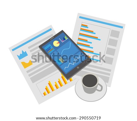 modern vector illustration concept of analyzing project on business meeting. white background with digital devices, office objects with papers and documents.