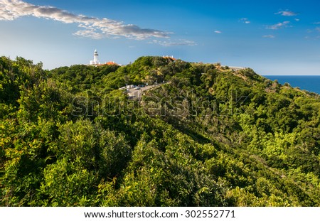 Byron Bay Lookout View of the Iconic Cape Byron Lighthouse on Top of a Hill Surrounded by Green Vegetation on a Beautiful Sunny Day, the Most Eastern Point of the Australian Mainland, New South Wales