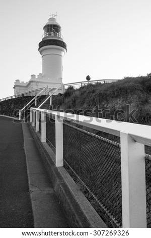 Black and White Photo of The Iconic Cape Byron Lighthouse on Top of a Hill, the Most Eastern Point of the Australian Mainland, Byron Bay, New South Wales