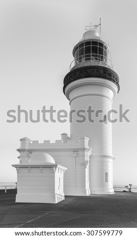Black and White Close Up View of The Iconic Cape Byron Lighthouse on Top of a Hill, the Most Eastern Point of the Australian Mainland, Byron Bay, New South Wales