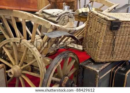 Ancient Russian use subjects. A cart, a record player, suitcases. Antiques