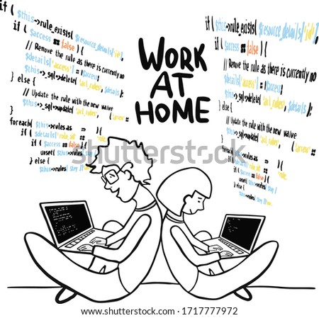Website Software Developer Collaboration.Young couple is programming from home. Work at hpme.Quarantine positive doodle icons, home elements. Isolated,white background. Design card.Vector illustrati