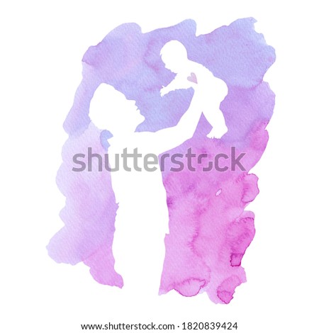 Father holding baby silhouette plus abstract watercolor painted. Happy father's day. Digital art painting. Vector illustration  For cards, posters, stickers and professional desig